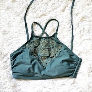 Xhilaration Bikini Top Juniors M Green wirh Gold Embroidery Cut Out‎ Floral